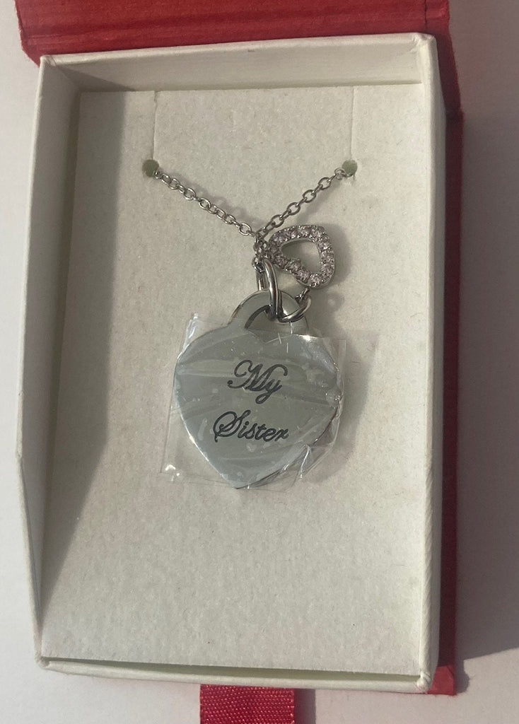 Sister Heart Shaped Charm Pendant Necklace, 750PYU, Double Sided, My Sister, My Friend, Mini Heart with Pink Crystal Stones, Quality, Nice