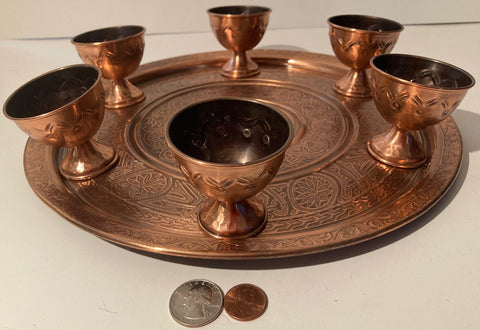 7 Piece Vintage Copper Metal Serving Tray, Platter with Nice Design, and 6 Shot Glasses, Tea, 12" WIde, Quality, Heavy Duty, Home Decor