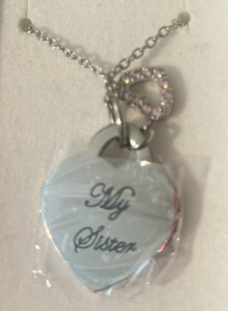 Sister Heart Shaped Charm Pendant Necklace, 750PYU, Double Sided, My Sister, My Friend, Mini Heart with Pink Crystal Stones, Quality, Nice