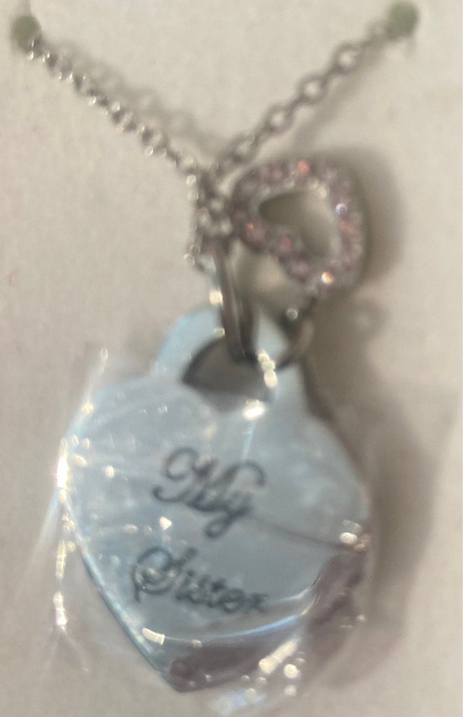 Sister Heart Shaped Charm Pendant Necklace, 750PYU, Double Sided, My Sister, My Friend, Mini Heart with Pink Crystal Stones, Quality, Nice