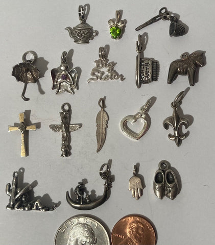 17 Vintage Sterling Silver 925 Metal Pendants, Cross, Horse, Shoes, Green Stone, So Cute, Nice Designs, Pendants for Necklaces, Bracelets