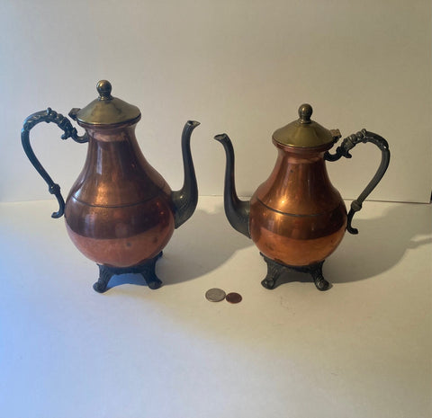 Set of 2 Copper and Silver Teapots, Kettles, Coffee, Pewter, Quality, Heavy Duty, Silver On Copper, Bigger One is 10" x 7 1/2", Nice