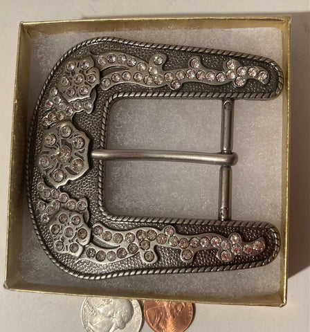 Vintage Metal Belt Buckle, Rhinestone, Crystals, Horse Style, Nice, 3 1/2" x 3", Heavy Duty, Quality, Thick Metal, Made in USA, For Belts