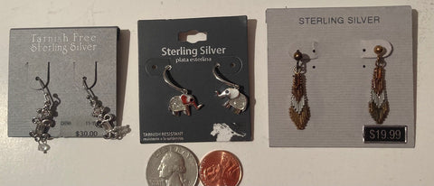 3 Vintage Cards of Sterling Silver Jewelry Items, Earrings, Hoops, Elephants, Nice Design, Quality, Nice, Fashion, Accessory, Jewelry