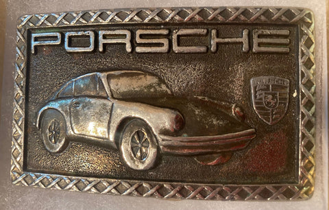 Vintage Metal Belt Buckle, Brass, Porsche, German, Sports Car, 3 1/4" x 2", Heavy Duty, Quality, Thick Metal, Made in USA, For Belts