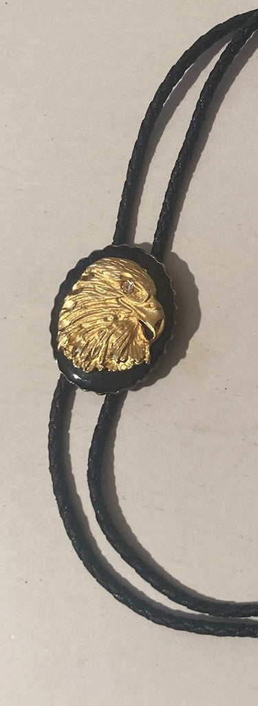 Vintage Metal Bolo Tie, Black Enamel with Nice Brass Eagle with Jeweled Eye, Nice Western Design, Quality, Heavy Duty, Country & Western