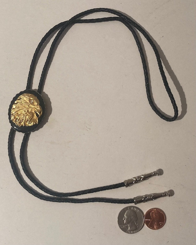 Vintage Metal Bolo Tie, Black Enamel with Nice Brass Eagle with Jeweled Eye, Nice Western Design, Quality, Heavy Duty, Country & Western