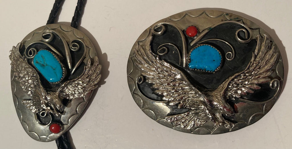 2 Vintage Set of Metal Belt Buckle and Bolo Tie, German Silver and Blue and Red Turquoise Stones, Matching Eagles, Nice Western Design