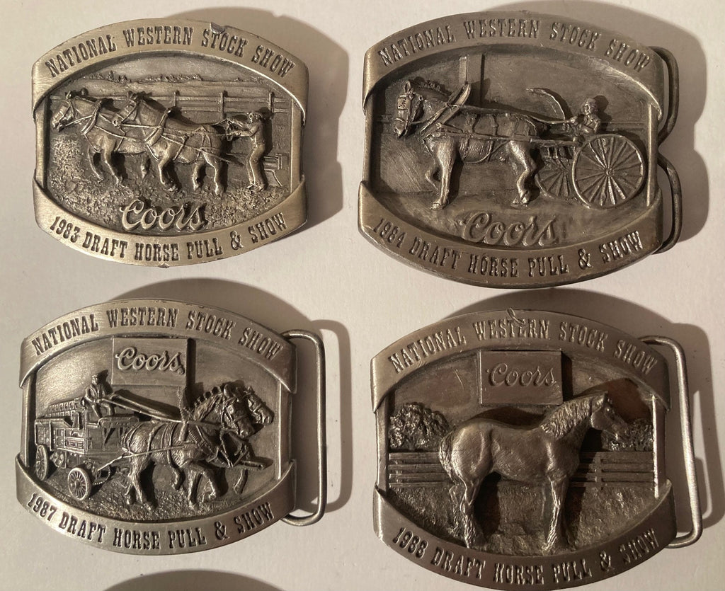 Vintage Lot of 14 Nice Western Style Belt Buckles, 1983 to 1996, Coors, Draft Horse Pull and Show, Beer, National Western Stock Show