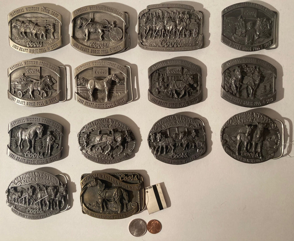 Vintage Lot of 14 Nice Western Style Belt Buckles, 1983 to 1996, Coors, Draft Horse Pull and Show, Beer, National Western Stock Show