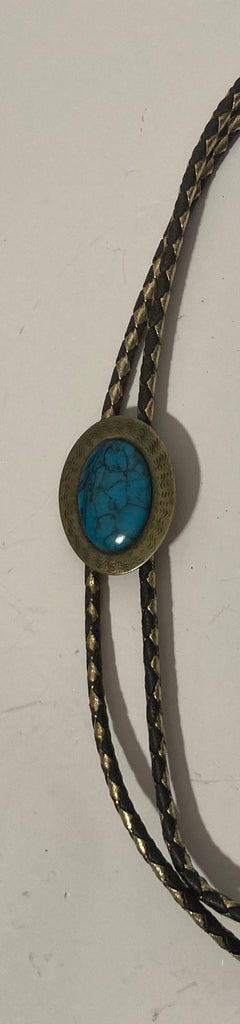 Vintage Metal Bolo Tie, Brass and Turquoise Stone Design, Nice Design, 1 1/2" x 1", Nice Design, Quality, Heavy Duty, Made in USA, Country