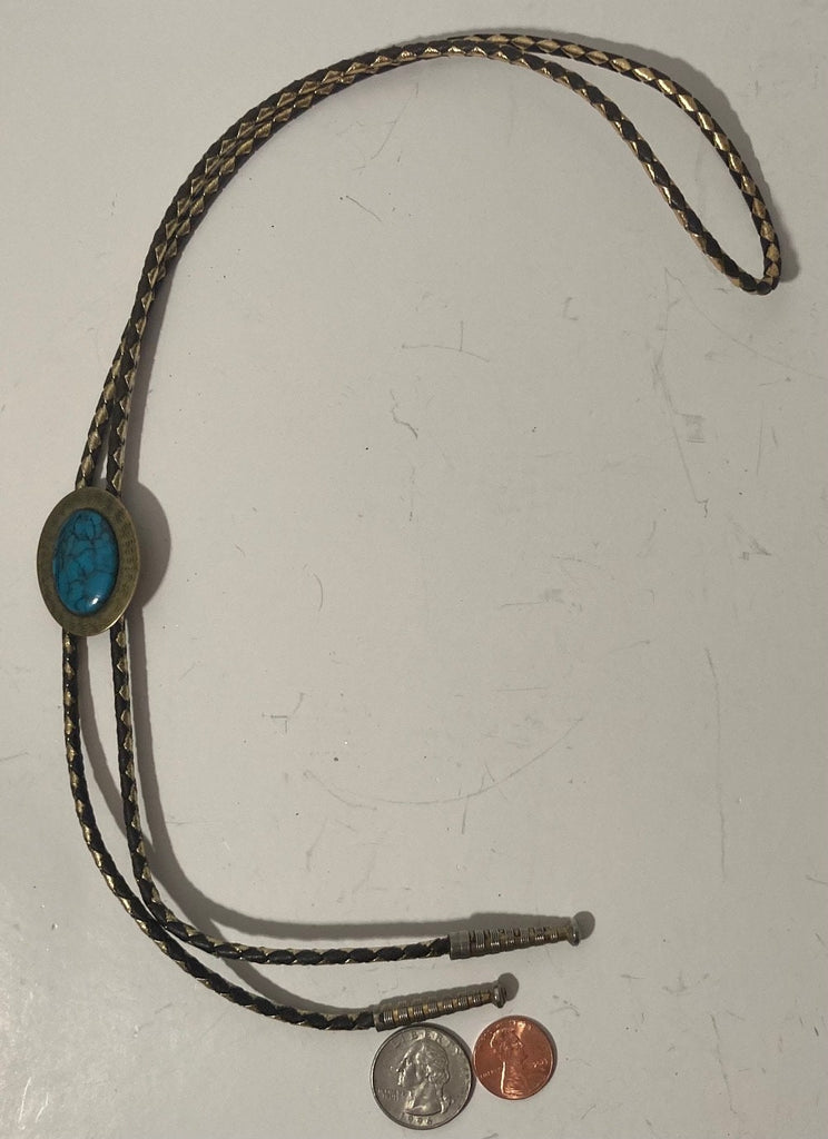 Vintage Metal Bolo Tie, Brass and Turquoise Stone Design, Nice Design, 1 1/2" x 1", Nice Design, Quality, Heavy Duty, Made in USA, Country
