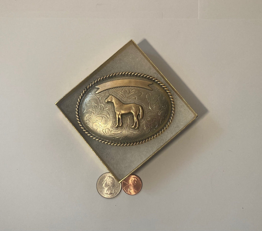 Vintage Metal Belt Buckle, Silver and Brass, Nice Horse Design, Nice Western Design, 3 1/2" x 2 3/4", Heavy Duty, Quality, Thick Metal