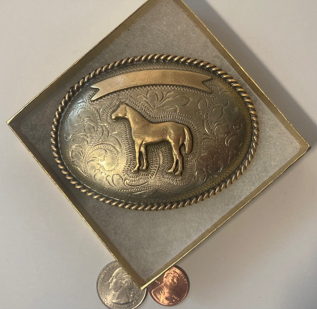 Vintage Metal Belt Buckle, Silver and Brass, Nice Horse Design, Nice Western Design, 3 1/2" x 2 3/4", Heavy Duty, Quality, Thick Metal