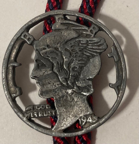Vintage Metal Bolo Tie, Big Size Carved Out 1945 Mercury Dime Coin, Nice Western Design, 1 1/2" x 1 1/2", Quality, Heavy Duty, Made in USA