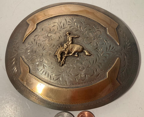 Vintage Metal Belt Buckle, Silver and Brass, Big Size, Bronco Riding, Busting, Rodeo, Nice Horse Design, Nice Western Design