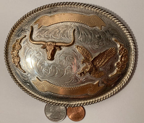 Vintage Metal Belt Buckle, Big Size, Alpaca Silver and Brass, Nice Longhorn and Eagle Design, Rodeo, Cowboy, Nice Western Design, 5" x 4"