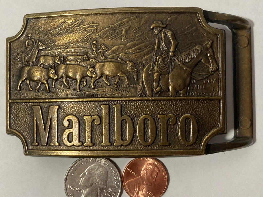Vintage Metal Belt Buckle, Brass, Marlboro, Cigarettes, Cowboy on Horse, Cattle Herding, Nice Design, 3 1/4" x 2 1/4", Heavy Duty, Quality