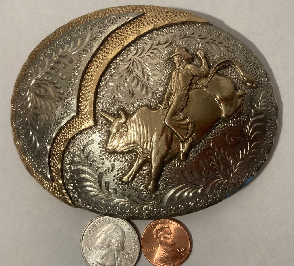 Vintage Metal Belt Buckle, Silver and Brass, Bull Riding, Nice Design, 4" x 3", Heavy Duty, Quality, Thick Metal, Made in USA