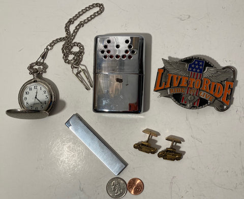 Vintage Lot of Grandpas Storage Drawer Items, Live to Ride, Pocket Watch, Hand Warmer, Ford Cuff Links and More, Free Shipping in the U.S.