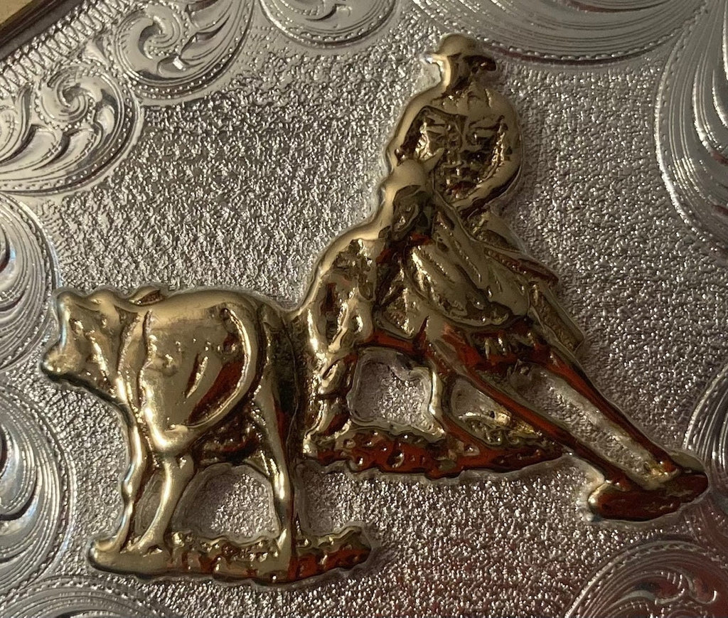 Vintage Metal Belt Buckle, Silver and Brass, Cutting Horse, Cow Roping, Nice Western Design, 4" x 3", Heavy Duty, Quality, Montana Silver