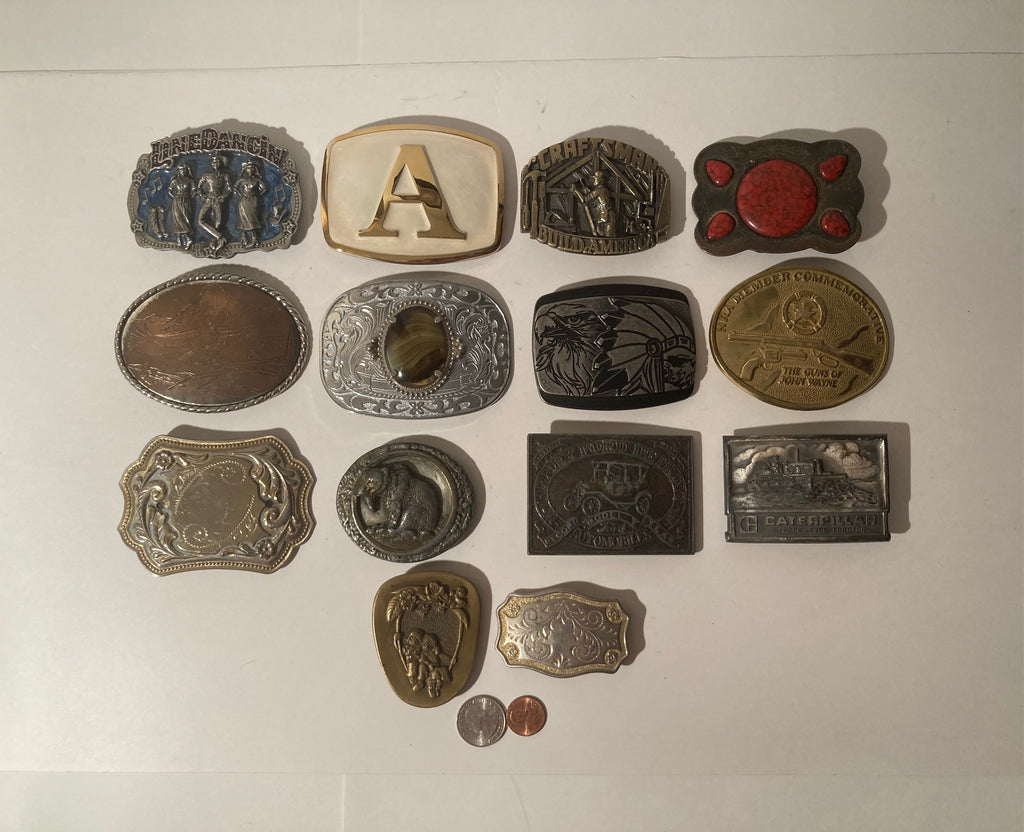 Vintage Lot of 14 Assorted Different Country and Western Wear Style Belt Buckles, Letter A, Line Dancing, Craftsman, Country & Western, Art, Resell, For Belts, Fashion, Shelf Display, Nice Belt Buckles, Wholesale