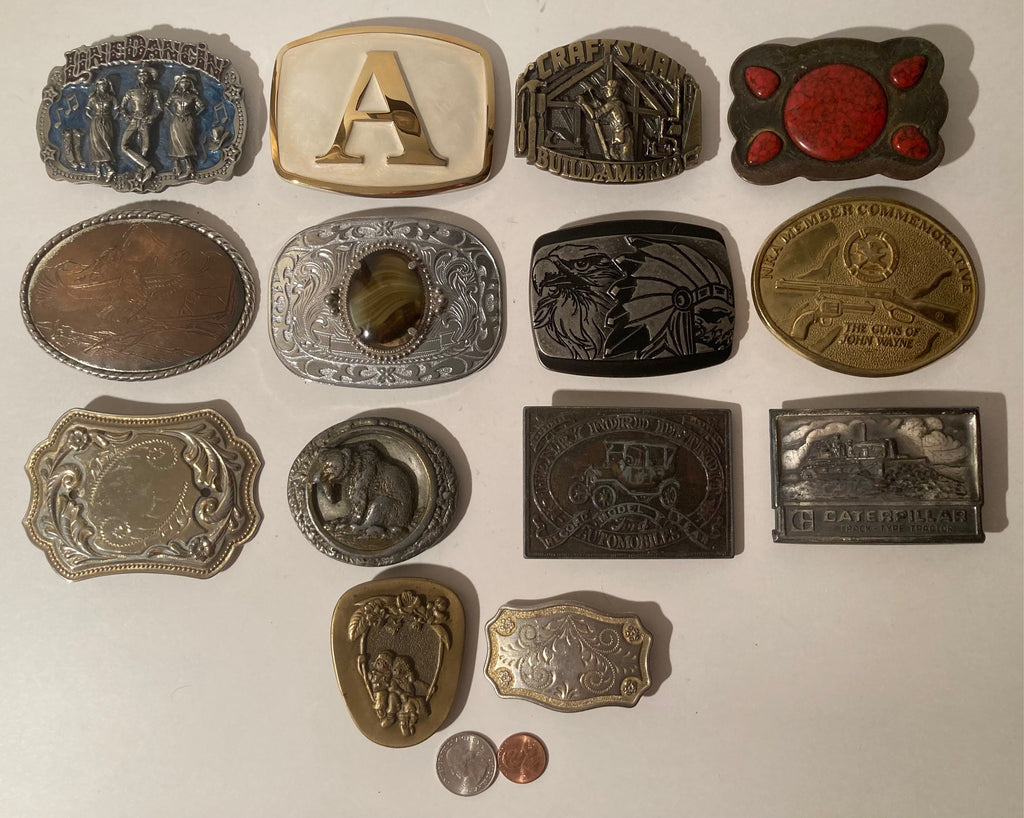 Vintage Lot of 14 Assorted Different Country and Western Wear Style Belt Buckles, Letter A, Line Dancing, Craftsman, Country & Western, Art, Resell, For Belts, Fashion, Shelf Display, Nice Belt Buckles, Wholesale