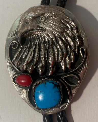 Vintage Metal Bolo Tie, Nice Silver with Blue and Red Turquoise Design, Eagle, Nice Western Design, 2" x 1 1/2", Quality, Heavy Duty, Made in USA, Country & Western, Cowboy, Western Wear, Horse, Apparel, Accessory, Tie, Nice Quality Fashion