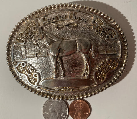 Vintage Metal Belt Buckle, Silver Plated, Quarter Horse, Nice Western Design, 4" x 3, Heavy Duty, Quality, Made in USA, Thick Metal, For Belts, Fashion, Shelf Display, Western Wear, Cowboy, Rodeo, Southwest, Country, Fun, Nice