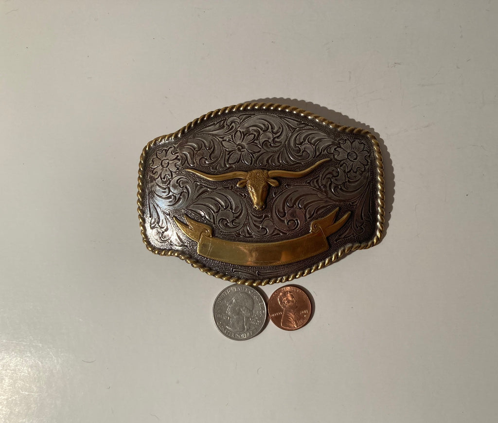 Vintage Metal Belt Buckle, Silver and Brass Tone, Nocona, Longhorn Bull, Rodeo, Nice Western Design, 4" x 3", Heavy Duty, Quality, Thick Metal, Made in USA, For Belts, Fashion, Shelf Display, Western Wear, Southwest, Country, Fun