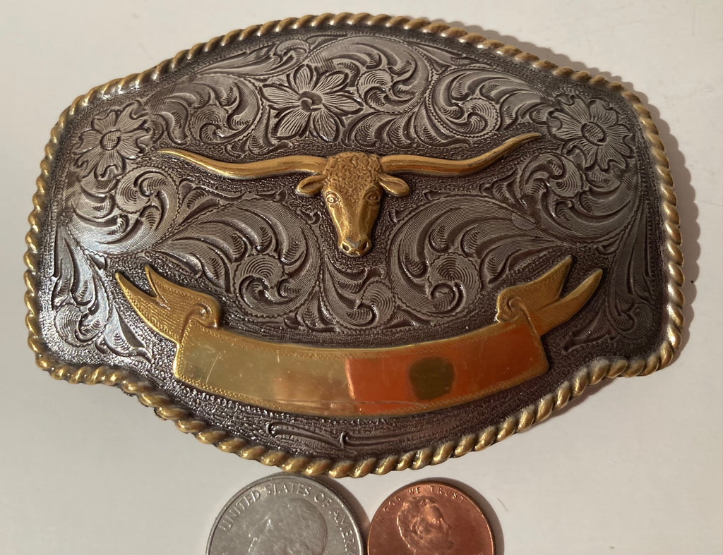 Vintage Metal Belt Buckle, Silver and Brass Tone, Nocona, Longhorn Bull, Rodeo, Nice Western Design, 4" x 3", Heavy Duty, Quality, Thick Metal, Made in USA, For Belts, Fashion, Shelf Display, Western Wear, Southwest, Country, Fun
