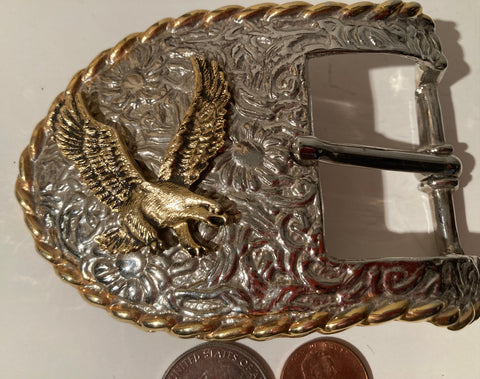 Vintage Metal Belt Buckle, American Bald Eagle, Nature, Wildlife, Nice Western Design, 4" x 2 1/4", Heavy Duty, Quality, Made in USA, Thick Metal, For Belts, Fashion, Shelf Display, Western Wear, Cowboy, Rodeo, Southwest, Country, Fun, Nice