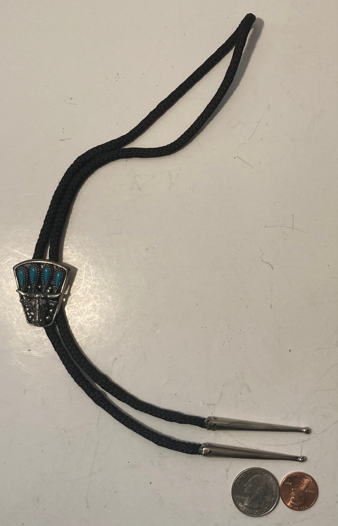 Vintage Metal Bolo Tie, Longhorn Bull, Cow, Nice Blue Stones, Nice Western Design, 1 1/4" x 1 1/4", Quality, Heavy Duty, Made in USA, Country & Western, Cowboy, Western Wear, Horse, Apparel, Accessory, Tie, Nice Quality Fashion,