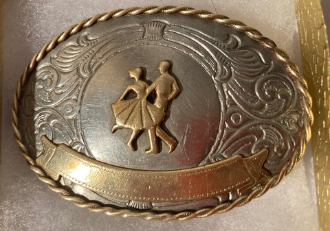 Vintage Metal Belt Buckle, Nickel Silver and Brass, Square Dancing, Rodeo, Nice Western Design, 3 1/4" x 2 1/4", Heavy Duty, Quality, Thick Metal, Made in USA For Belts, Fashion, Shelf Display, Western Wear, Southwest, Country, Fun, Nice