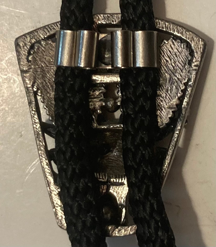 Vintage Metal Bolo Tie, Longhorn Bull, Cow, Nice Blue Stones, Nice Western Design, 1 1/4" x 1 1/4", Quality, Heavy Duty, Made in USA, Country & Western, Cowboy, Western Wear, Horse, Apparel, Accessory, Tie, Nice Quality Fashion,