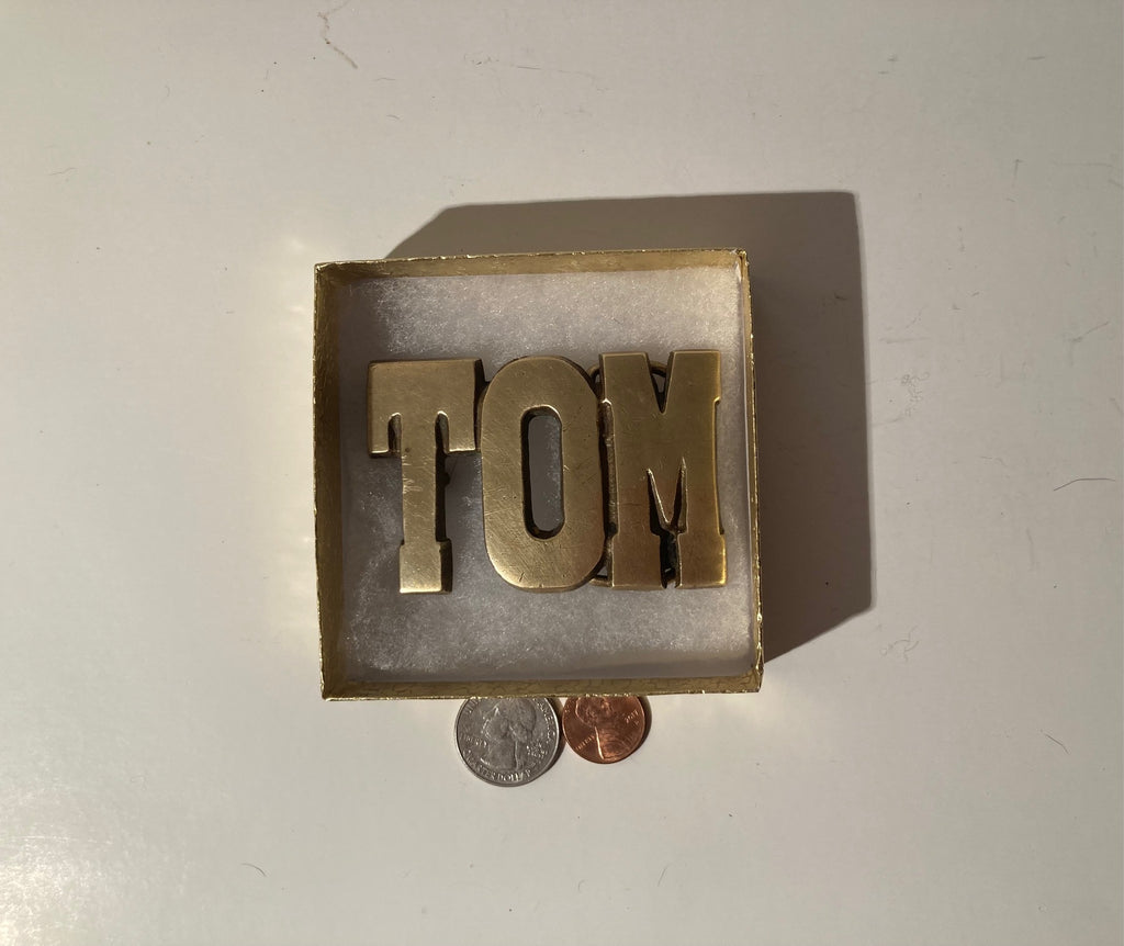 Vintage Metal Belt Buckle, Brass, Tom, Tommy, Thomas, Nice Western Design, Rodeo, Cowboy, 3" x 2", Heavy Duty, Quality, Thick Metal, For Belts, Fashion, Shelf Display, Western Wear, Southwest, Country, Fun, Nice