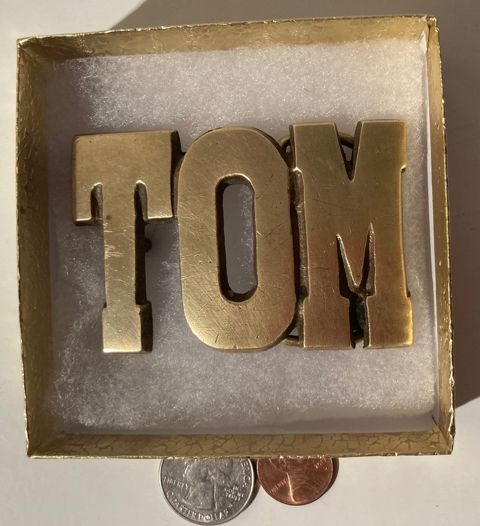 Vintage Metal Belt Buckle, Brass, Tom, Tommy, Thomas, Nice Western Design, Rodeo, Cowboy, 3" x 2", Heavy Duty, Quality, Thick Metal, For Belts, Fashion, Shelf Display, Western Wear, Southwest, Country, Fun, Nice