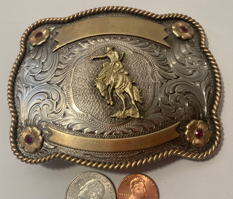 Vintage Metal Belt Buckle, Silver and Brass, Big Size, Nice Bronco Riding Design, Nice Red Stones, Montana Silversmiths, Rodeo, Nice Design, 4" x 3 1/4", Heavy Duty, Quality, Thick Metal, For Belts, Fashion, Shelf Display,