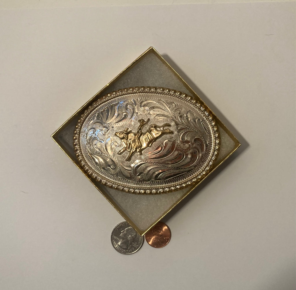 Vintage Metal Belt Buckle, Silver and Brass, Justin, Bull Riding, Rodeo, Nice Design, 4" x 3", Heavy Duty, Quality, Thick Metal, For Belts, Fashion, Shelf Display, Western Wear, Southwest, Country, Fun, Nice