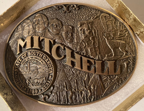 Vintage Metal Belt Buckle, Brass, Mitchell, State of South Dakota, Seal, Nice Western Design, 3 3/4" x 2 3/4", Heavy Duty, Quality, Made in USA, Thick Metal, For Belts, Fashion, Shelf Display, Western Wear, Cowboy, Rodeo, Southwest, Country, Fun, Nice