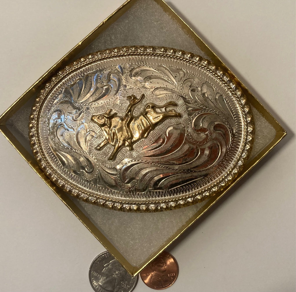 Vintage Metal Belt Buckle, Silver and Brass, Justin, Bull Riding, Rodeo, Nice Design, 4" x 3", Heavy Duty, Quality, Thick Metal, For Belts, Fashion, Shelf Display, Western Wear, Southwest, Country, Fun, Nice