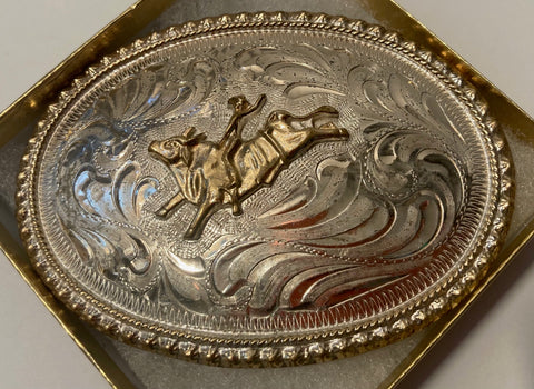 Vintage Metal Belt Buckle, Silver and Brass, Justin, Bull Riding, Rodeo, Nice Design, 4" x 3", Heavy Duty, Quality, Thick Metal, For Belts, Fashion, Shelf Display, Western Wear, Southwest, Country, Fun, Nice