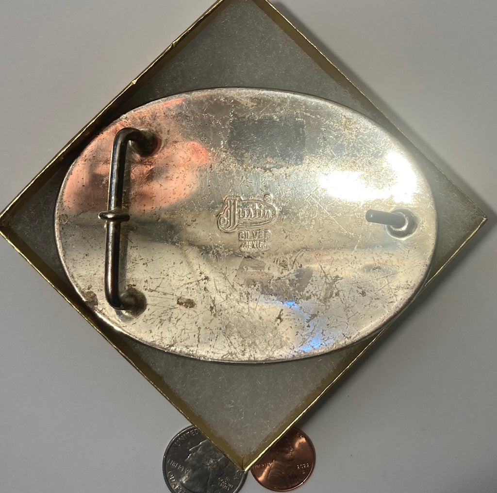 Vintage Metal Belt Buckle, Silver and Brass, Justin, Bull Riding, Rodeo, Nice Design, 4" x 3", Heavy Duty, Quality, Thick Metal, For Belts, Fashion, Shelf Display, Western Wear, Southwest, Country, Fun, Nice
