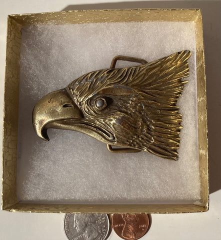 Vintage Metal Belt Buckle, Brass, Eagle, Bird, Nature, Wildlife, Nice Western Design, 3" x 2", Heavy Duty, Quality, Made in USA, Thick Metal, For Belts, Fashion, Shelf Display, Western Wear, Cowboy, Rodeo, Southwest, Country, Fun, Nice