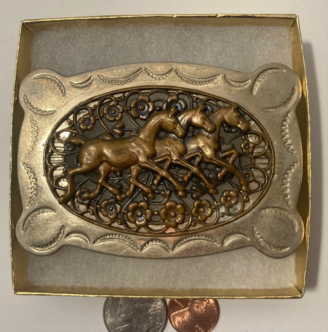 Vintage Metal Belt Buckle, Nickel Silver and Brass, Three Horses, Nice Design, 3 3/4" x 2 1/2", Heavy Duty, Made in USA, Quality, Thick Metal, For Belts, Fashion, Shelf Display, Western Wear, Southwest, Country, Fun, Nice,