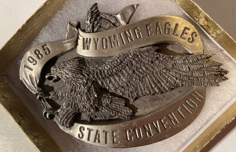 Vintage 1985 Metal Belt Buckle, Wyoming Eagles, State Convention, Nice Western Design, Rodeo, Cowboy, 4" x 2 3/4", Heavy Duty, Quality, Thick Metal, Made in USA, For Belts, Fashion, Shelf Display, Western Wear, Southwest, Country, Fun, Nice