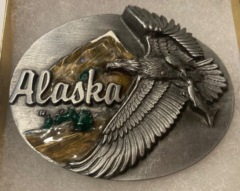 Vintage 1990 Metal Belt Buckle, Alaska, American Bald Eagle, Mountain, Nice Design, 3 1/4" x 2 3/4", Heavy Duty, Made in USA, Quality, Thick Metal, For Belts, Fashion, Shelf Display, Western Wear, Southwest, Country, Fun, Nice, Free Shipping in the U.S.