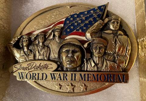 Vintage Metal Belt Buckle, Brass, South Dakota, World War II Memorial, Military