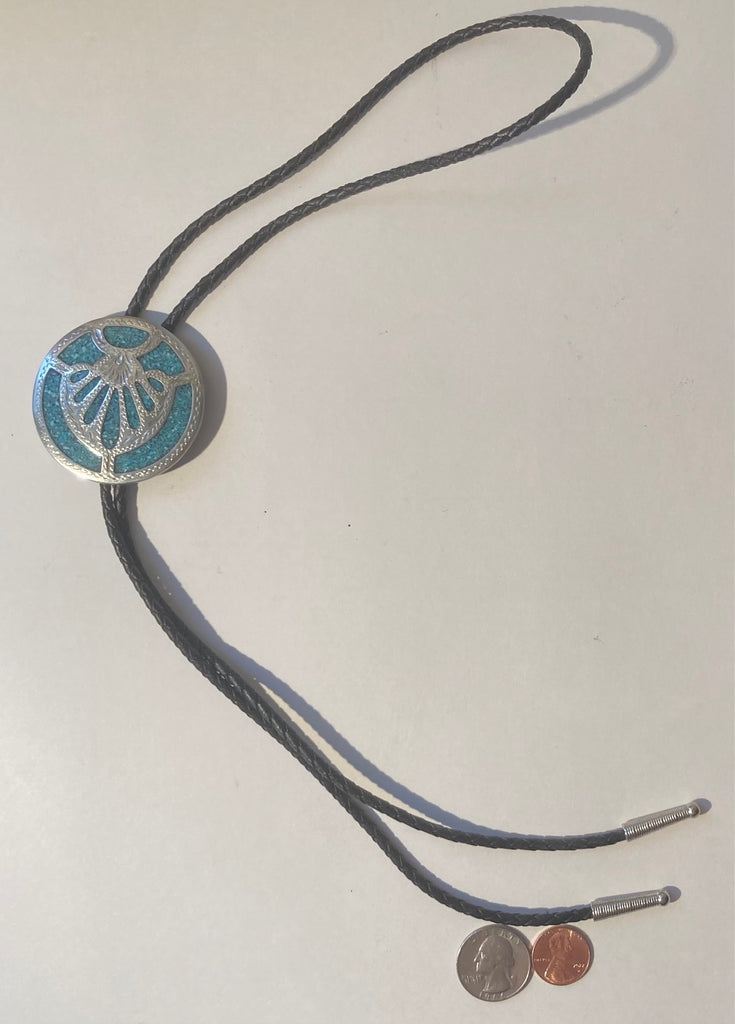 Vintage Metal Bolo Tie, Nice Round Silver with Blue Crushed Turquoise Design