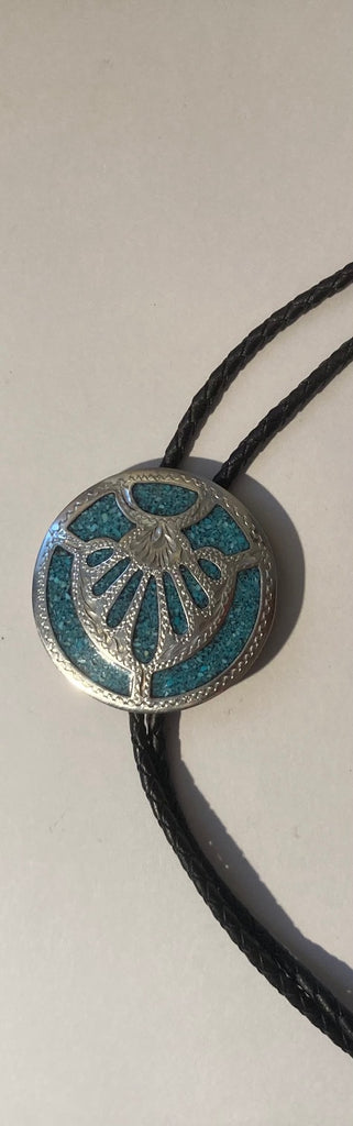 Vintage Metal Bolo Tie, Nice Round Silver with Blue Crushed Turquoise Design